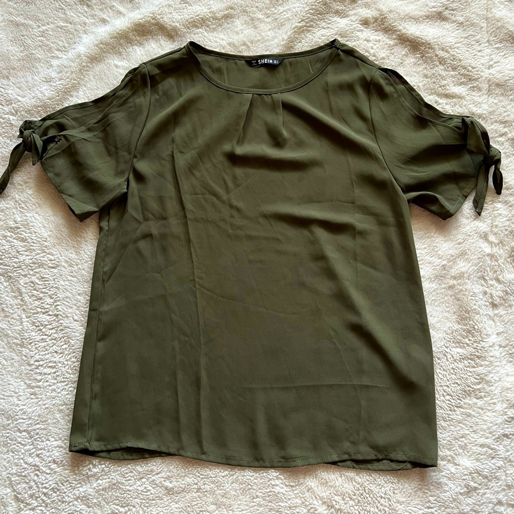Olive Green Short Sleeve Blouse with Ties